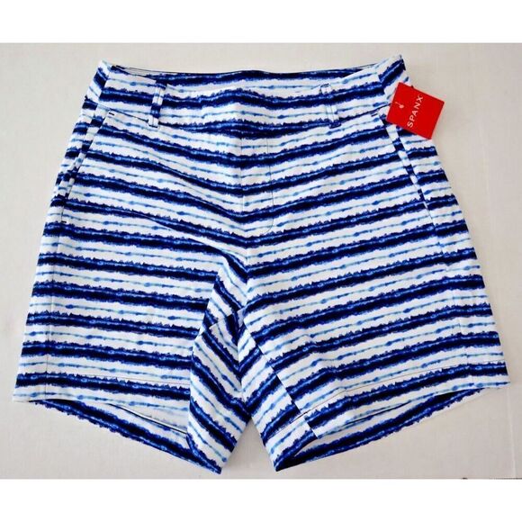 Spanx 50213R Women’s Sz Medium White/Blue Painted Stripes 6" Sunshine Shorts - Picture 1 of 8